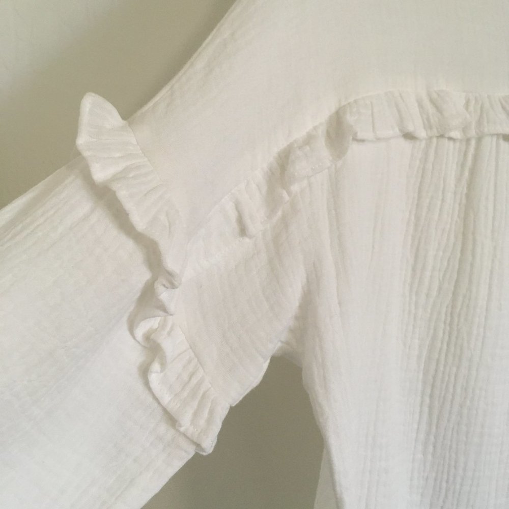 Women's White Button Down Shirt with Ruffle Detail - Picture 7 of 12